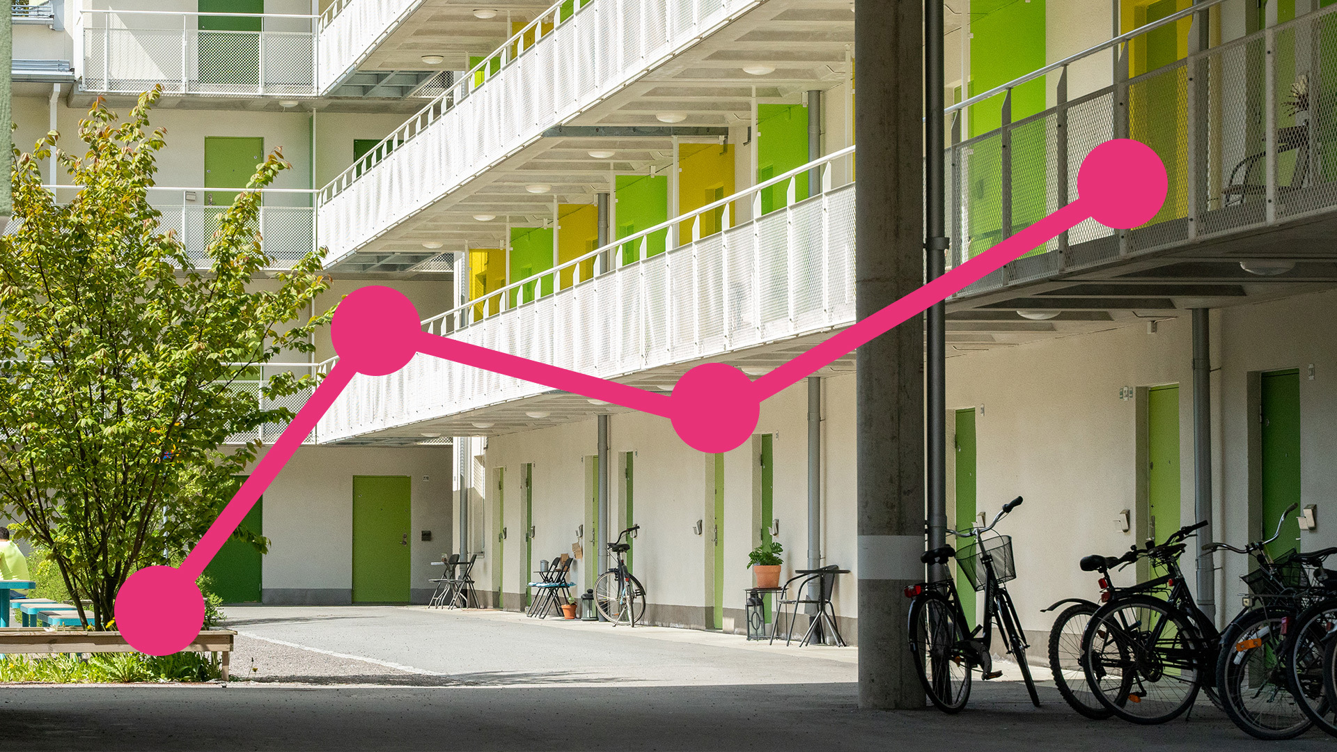 Illustrerad statistikkurva över bostadshus med cyklar utanför